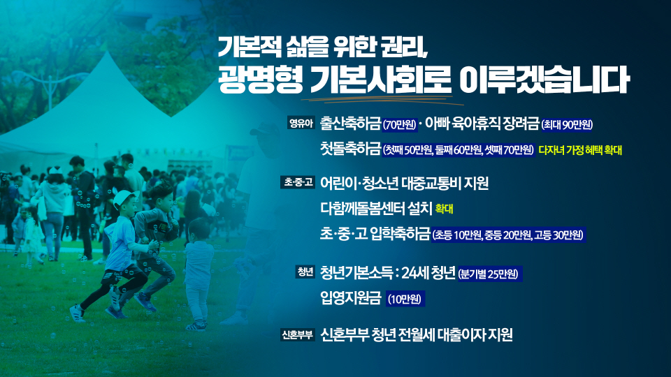 기본적 삶을 위한 권리, 광명형 기본사회로 이루겠습니다
			영유아 출산축하금(70만원) 아빠 육아 휴직 장려금(최대 90만원) 첫돌축하금(첫째 50만원, 둘째 60만원, 셋째 70만원) 다자녀 가정 혜택 확대
			초중고 어린이 청소년 대중교통비 지원 다함께돌봄센터 설치 확대 초중고 입학축하금(초등 10만원, 중들 20만원, 고등 30만원)
			청년 청년기본소득 : 24세 청년(분기별 25만원) 입영지원금 (10만원)
			신혼부부 신혼부부 청년 전월세 대출이자 지원
			