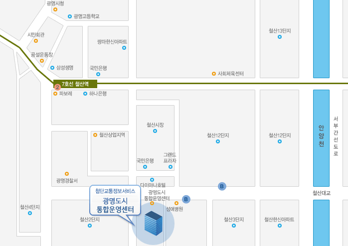 오시는길안내입니다. 오시는 방법 - 버스로 광명성애병원에서 하차. / 철산대교 방향-도시형:101,21 간선(파랑):503 지선(초록):5536,5714/경살처삼거리 방향 - 도시형:21,3,3-1 간선(파랑):503 지선(초록):5536,5714 지하철로 7호선 철산역 2번출구, 도보로 10분거리.
