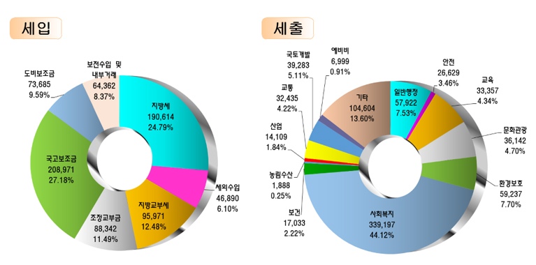 세입(단위 백만원) : 지방세(190,614) 24.79%, 세외수입(46,890)6.10%, 지방교부세(95,971)12.48%, 조정교부금(88,342)11.49%, 국고보조금(208,971)27.18%, 도비보조금(73,685)9.59%, 보전수입및 내부거래64,362(8.37%), 세출(단위 백만원) : 일반행정(57,992) 7.53%, 안전(26,629) 3.46%, 교육(33,357)4.34%, 문화관광(36,142)4.70%, 환경보호(59,237)7.70%, 사회복지(339,197)44.12%, 보건(17,033)2.22%, 농림수산(1,888)0.25%, 산업(14,109)1.84%, 교통(32,435)4.22%, 국토개발(39,283)5.11%, 예비비(6,999)0.91%, 기타(104,604)13.60%