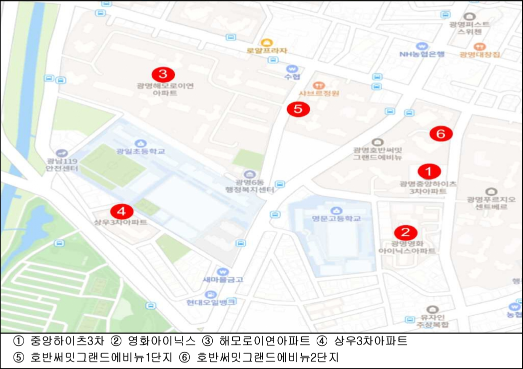 1 - 중앙하이츠3차 / 2 - 영화아이닉스 / 3 - 해모로이연아파트 / 4 - 상우3차아파트 / 5 - 호반써밋그랜드에비뉴1단지 / 6 - 호반써밋그랜드에비뉴2단지
