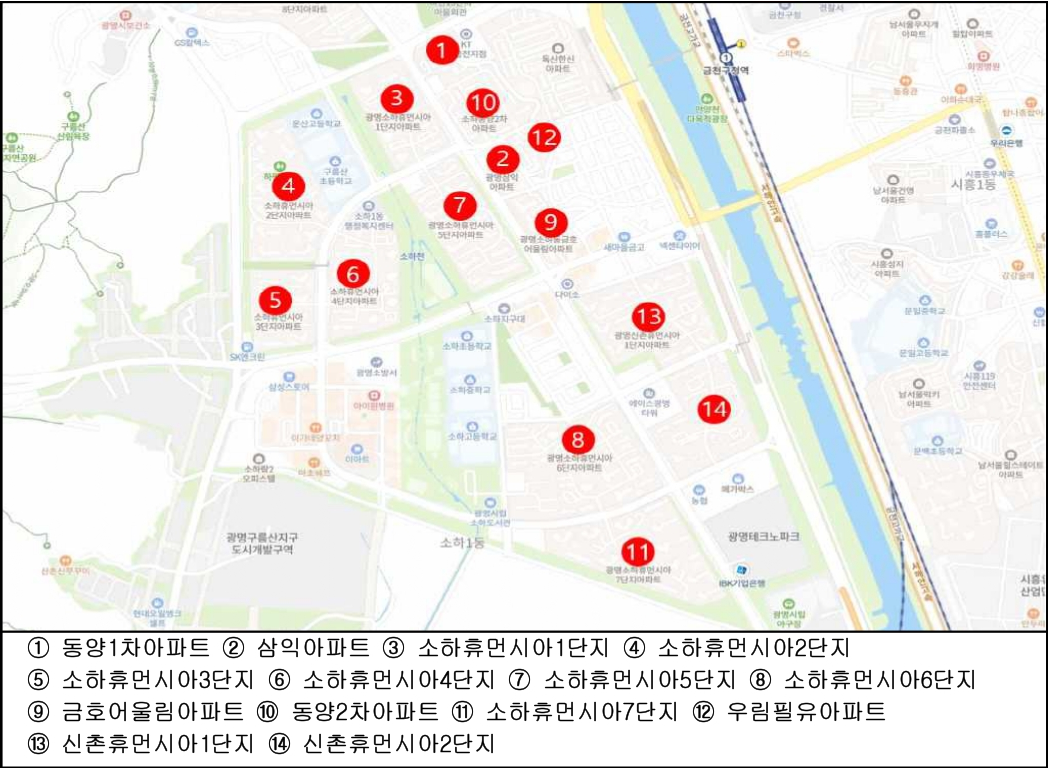 1 - 동양1차아파트 / 2 - 삼익아파트 / 3 - 소하휴먼시아1단지 / 4 - 소하휴먼시아2단지 / 5 - 소하휴먼시아3단지 / 6 - 소하휴먼시아4단지 / 7 - 소하휴먼시아5단지 / 8 - 소아휴먼시아6단지 / 9 - 금호어울림아파트 / 10 - 동양2차아파트 / 11 - 소하휴먼시아7단지 / 12 - 우림필유아파트 / 13 - 신촌휴먼시아1단지 / 14 - 신촌휴먼시아2단지
