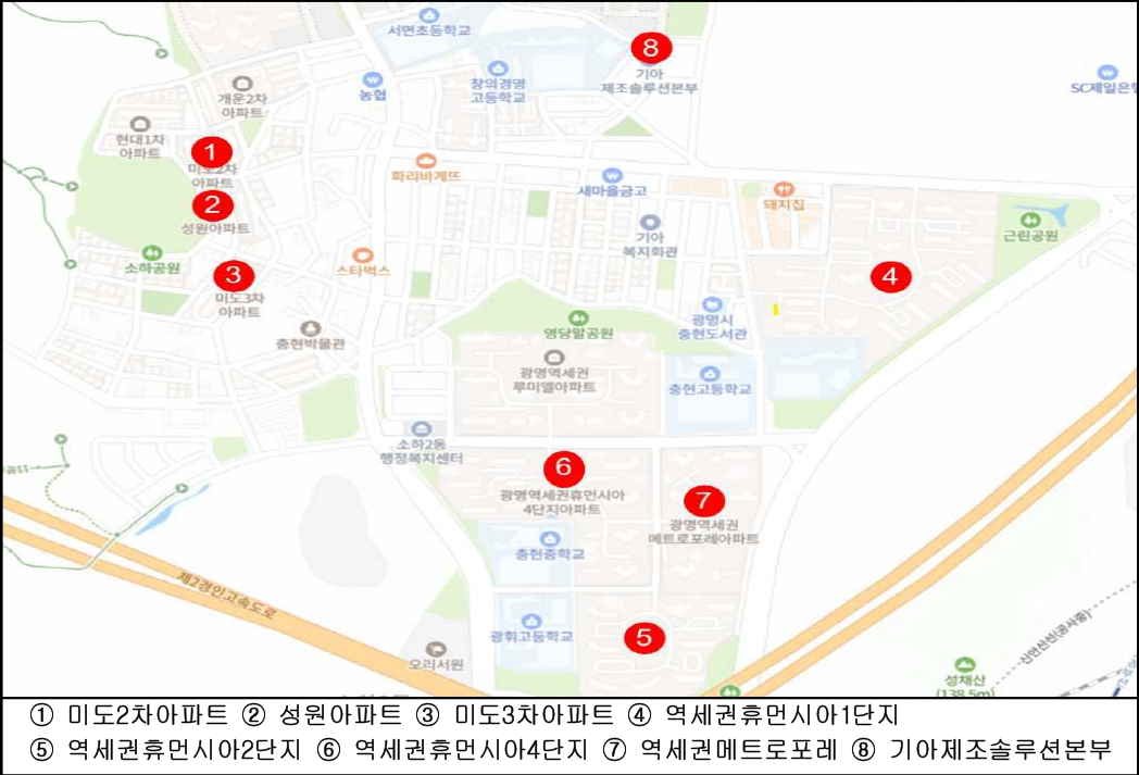 1 - 미도2차아파트 / 2 - 성원아파트 / 3 - 미도3차아파트 / 4 - 역세권휴먼시아1단지 / 5 - 역세권휴먼시아2단지 / 6 - 역세권휴먼시아4단지 / 7 - 역세권메트로포레 / 8 - 기아제조솔루션본부