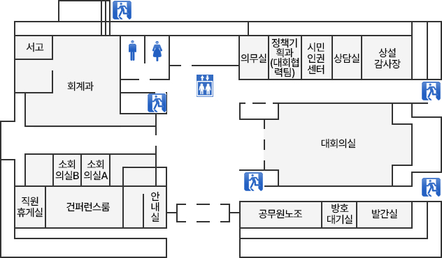 본관 입구로 들어오시면 왼쪽에는 안내실이 있고 안내실 옆쪽에는 소회의실A, 소회의실B, 컨퍼런스룸, 직원 휴게실이 있고 앞쪽에는 화장실, 회계과, 서고가 있습니다. 입구 오른쪽에는 공무원노조, 방호대기실, 발간실이 있고 방호대기실 앞쪽에는 대회의실이 있고 대회의실 앞쪽에는 의무실, 정책기획과(대회협력팀), 시민인권센터, 상담실, 상설감사장이 있습니다. 의무실 왼쪽에는 엘리베이터가 있습니다.