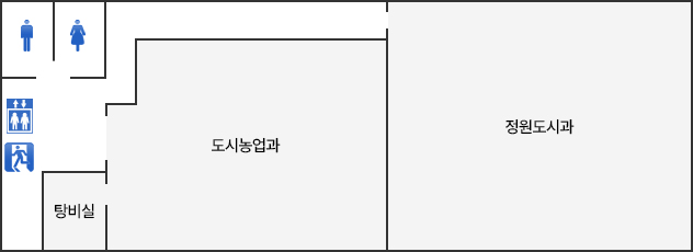 제2별관 3층으로 올라오시면 반대편에는 화장실이 있고 우측에는 탕비실, 도시농업과, 정원도시과가 있습니다.