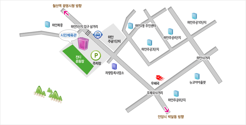 시민체육관은 하안5단지입구삼거리에서 하안주공1단지 맞은편 방향에 있습니다.