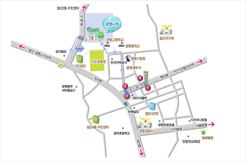 버스로 오시는 경우 광명시청 정류장에 하차하시면 20미터 앞에 시청 입구가 있습니다. 지하철로 오시는 경우 7호선 철산역 3번출구로 나와서 50미터 직진한 다음 길을 따라 우회전하여 언덕길을 300미터 올라오고, 다시 길을 따라 우회전하여 150미터 올라오면 됩니다. 