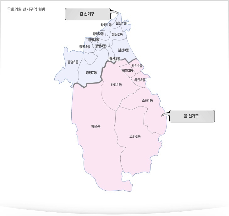국회의원 선거구현황 안내입니다. 갑 선거구:광명1동, 광명2동, 광명3동, 광명4동, 광명5동, 광명6동, 광명7동, 철산1동, 철산2동 철산4동. 을 선거구:철산3동, 하얀1동, 하얀2동, 하얀3동, 하얀4동, 소하1동, 소하2동, 학온동.