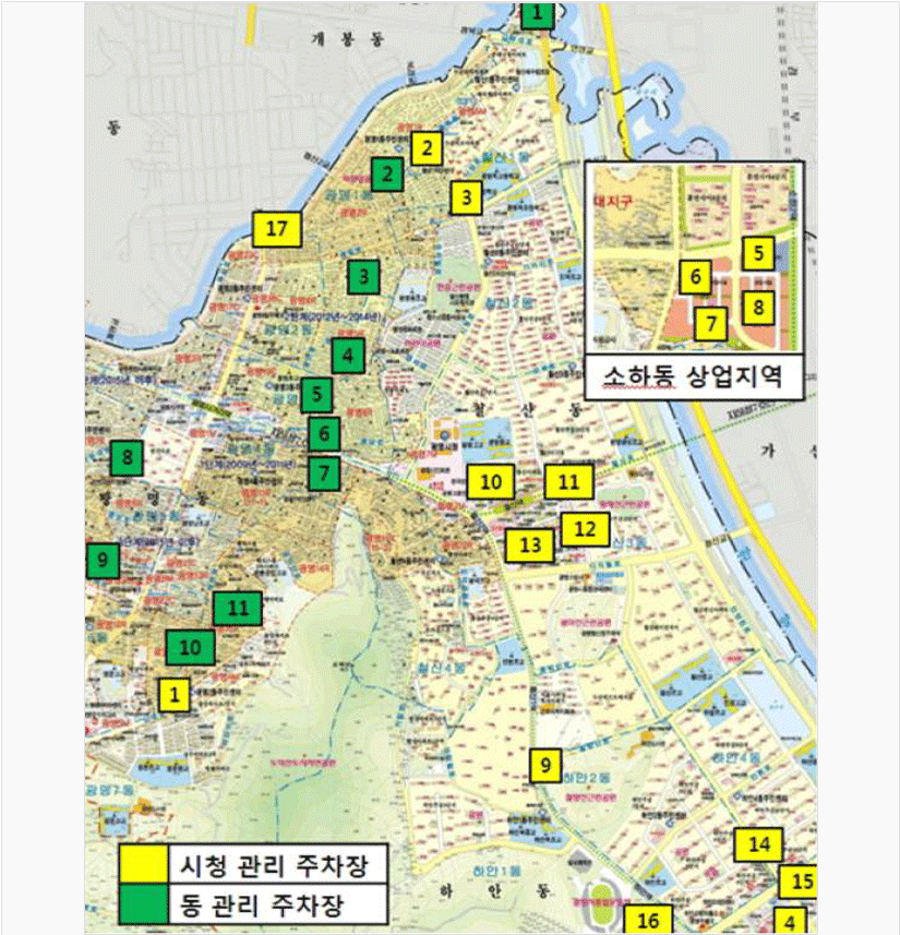 광명시에는 28개의 주차장이 운영되고 있습니다. 각 주차장의 이름과 주소, 면수 등 세부사항은 아래 표를 참고하시기 바랍니다. 