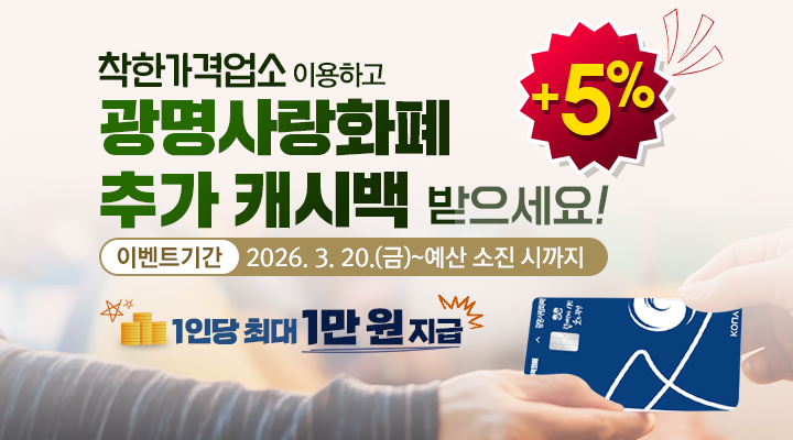 착한가격업소 이용하고 
광명사랑화폐 추가 캐시백 박드세요! +5%
이벤트기간 2026. 3 .20.(금) ~ 예산 소진 시까지
1인당 최대 1만원 지급