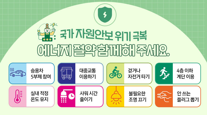 국가 자원안보 위기 극복
에너지 절약 함께해 주세요.
승용차 5부제 참여 / 대중교통 이용하기 / 걷거나 자전거 타기 / 4층 이하 계단 이용
실내 적정 온도 유지 / 샤워 시간 줄이기 / 불필요한 조명 끄기 / 안 쓰는 플러그 뽑기