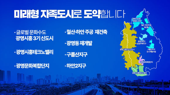 미래형 자족도시로 도약합니다 -글로벌문화수도 광명시흥 3기신도시, -철산·하안 주공 재견축, -광명동 재개발, -광명시흥테크노밸리, -구름산지구, -광명문화복합단지, -하안2지구