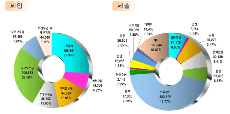세입(단위 백만원) : 지방세(199,394) 27.36%, 세외수입(45,306)6.22%, 지방교부세(94,389)12.95%, 조정교부금(86,402)11.85%, 국고보조금(200,883)27.56%, 도비보조금(57,869)7.94%, 보전수입및 내부거래44,640(6.12%)
/세출(단위 백만원) : 일반행정(64,175)8.80%, 안전(7,754)1.06%, 교육(25,273)3.47%, 문화관광(32,159)4.41%, 환경보호(63,303)8.68%, 사회복지(333,622)45.77%, 보건(17,335)2.38%, 농림수산(2,149)0.29%, 산업(12,265)1.68%, 교통(26,602)3.65%, 국토개발(20,969)2.88%, 예비비(13,433)1.84%, 기타(109,844)15.07%