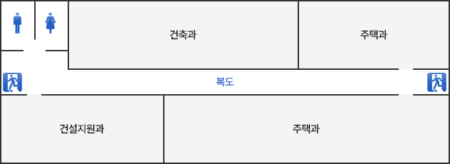 제1별관 3층 좌측 계단으로 올라오시면 우측에는 건설지원과가 있고 좌측에는 화장실이 있습니다. 우측 계단으로 올라오시면 좌측에는 주택과 우측에는 주택과, 건축과가 있습니다.