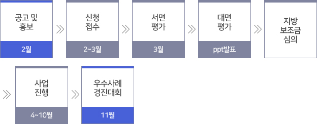 공고 및 홍보/2월 > 신청접수/2~3월 > 서면평가/3월 > 대면평가/ppt발표 > 지방보조금심의 > 사업진행/4~10월 > 우수사례 경진대회/11월