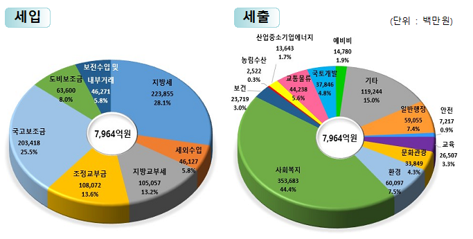 세입(단위 백만원) : 지방세(223,855) 28.1%, 세외수입(46,127)5,8%, 지방교부세(105,057)13.2%, 조정교부금(108,072)13.6%, 국고보조금(203,418)25.5%, 도비보조금(63,600)8.0%, 보전수입및 내부거래(46,271)5.8%
/세출(단위 백만원) : 일반행정(59,055)7.4%, 안전(7,217)0.9%, 교육(26,507)3.3%, 문화관광(33,849)4.3%, 환경보호(60,097)7.5%, 사회복지(353,683)44.4%, 보건(23,719)3.0%, 농림수산(2,522)0.3%, 산업중소기업 에너지(13,643)1.7%, 교통물류(44,238)5.6%, 국토개발(37,846)4.8%, 예비비(14,780)1.9%, 기타(119,244)15.0%