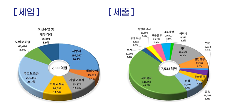 세입(단위 백만원) : 지방세(199,097) 26.4%, 세외수입(45,629)6.1%, 지방교부세(93,274)12.4%, 조정교부금(86,633)11.5%, 국고보조금(201,412)26.7%, 도비보조금(60,420)8.0%, 보전수입및 내부거래(66,891)8.9%
/세출(단위 백만원) : 일반행정(63,952)8.5%, 안전(7,934)1.1%, 교육(25,793)3.4%, 문화관광(33,705)4.5%, 환경보호(63,306)8.4%, 사회복지(340,858)45.2%, 보건(17,096)2.3%, 농림수산(2,233)0.3%, 산업에너지(19,890)2.6%, 교통물류(29,232)3.9%, 국토개발(29,997)4.0%, 예비비(9,393)1.2%, 기타(109,967)14.6%