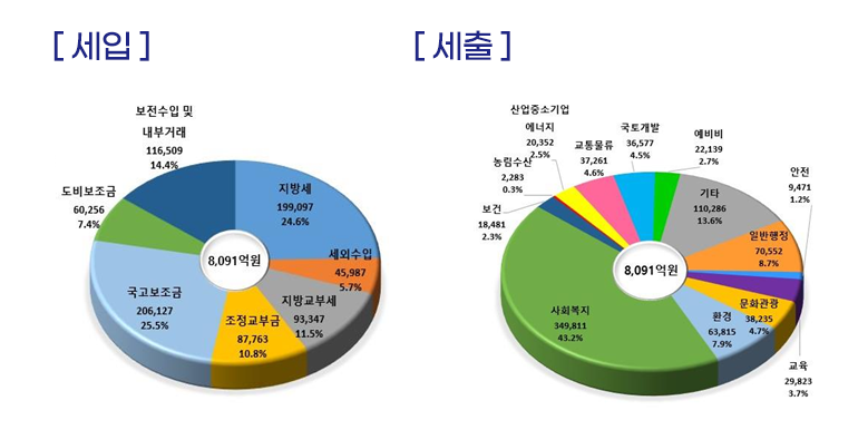 세입(단위 백만원) : 지방세(199,097) 24.6%, 세외수입(45,987)5,7%, 지방교부세(93,347)11.5%, 조정교부금(87,763)10.8%, 국고보조금(206,127)25.5%, 도비보조금(60,256)7.4%, 보전수입및 내부거래(116,509)14.4%
/세출(단위 백만원) : 일반행정(75,552)8.7%, 안전(9,471)1.2%, 교육(29,823)3.7%, 문화관광(38,235)4.7%, 환경보호(63,815)7.9%, 사회복지(349,811)43.2%, 보건(18,481)2.3%, 농림수산(2,283)0.3%, 산업중소기업 에너지(20,352)2.5%, 교통물류(37,261)4.6%, 국토개발(36,577)4.5%, 예비비(22,139)2.7%, 기타(110,286)13.6%