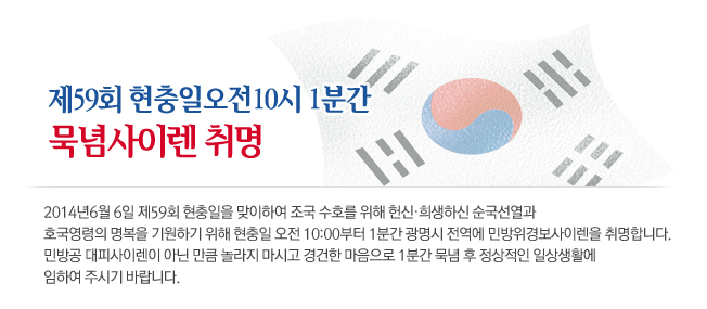 제59회 현충일오전10시 1분간 묵념사이렌 취명 / 2014년6월 6일 제59회 현충일을 맞이하여 조국 수호를 위해 헌신․희생하신 순국선열과 호국영령의 명복을기원하기 위해 현충일 오전 10:00부터 1분간 광명시 전역에 민방위경보사이렌을 취명합니다. 민방공 대피사이렌이 아닌 만큼 놀라지 마시고 경건한 마음으로 1분간 묵념 후 정상적인 일상생활에 임하여 주시기 바랍니다.